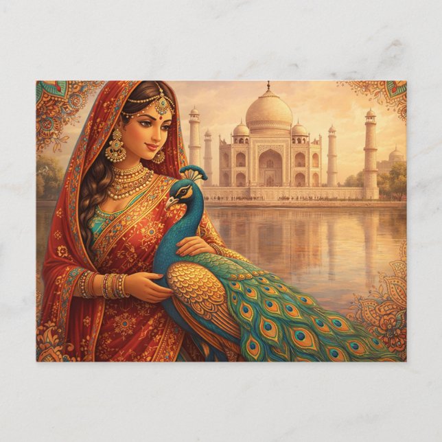 Cartão Postal Elegante indische Frau mit prachtvollem Pfau (Frente)