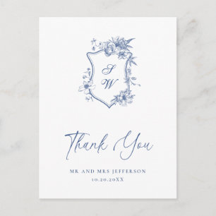 Cartão Postal Elegante Jardim Floral Francês Azul Obrigado