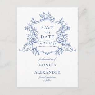 Cartão Postal Elegante Jardim Francês Azul Casamento Save the Da