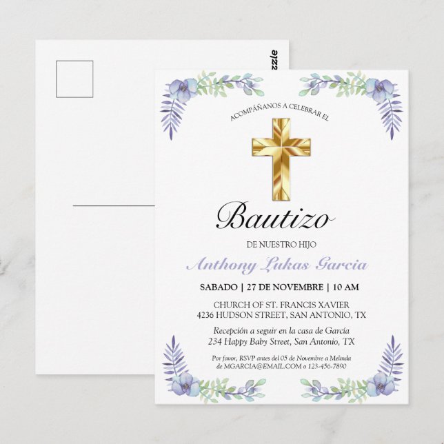 Cartão Postal Elegante Lavanda Cruz De Oro Bautizo Invitación (Frente/Verso)