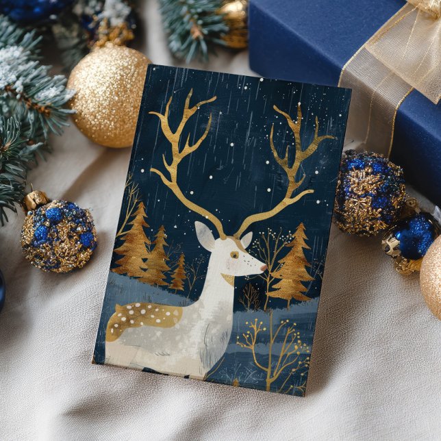 Cartão Postal Elegante Marinho Azul e Dourada Aquarela Cozy Xmas (Criador carregado)