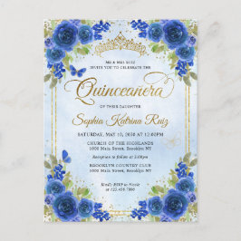 Cartão Postal Elegante Marinho Floral Azul Dourado Tiara Quincea