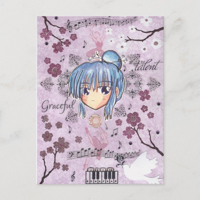 Cartão Postal Elegante/Melancholy Ume-Chibi com fundo de colagem (Frente)
