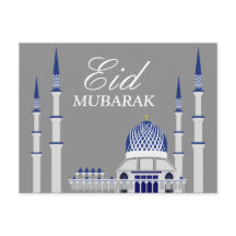 Elegante Mesquita Azul e Branco Eid Mubarak