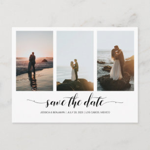 Cartão Postal Elegante Mínimo Save The Date com Colagem de Fotos