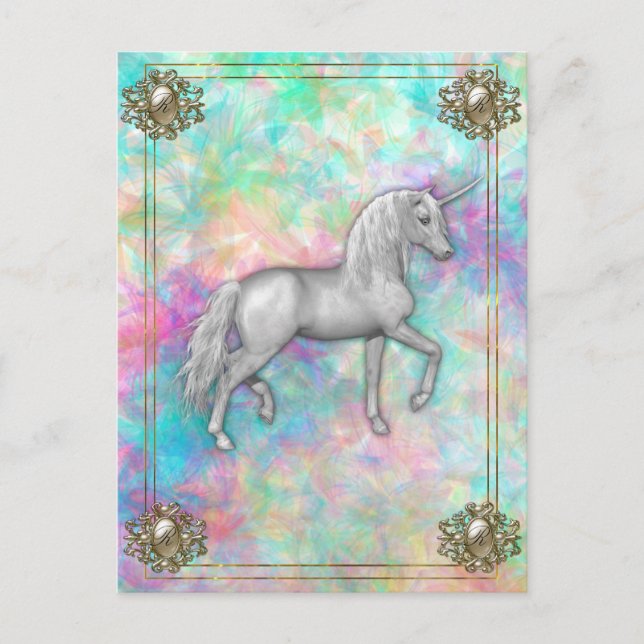 Cartão Postal Elegante Monograma Rainbow Unicorn (Frente)