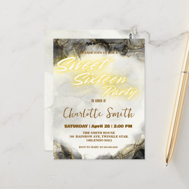 Cartão Postal Elegante neon dourado rosa mármore Aniversário de  (Frente/Verso In Situ)