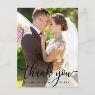 Cartão Postal Elegante Obrigado Foto de Casamento com Letra Pret