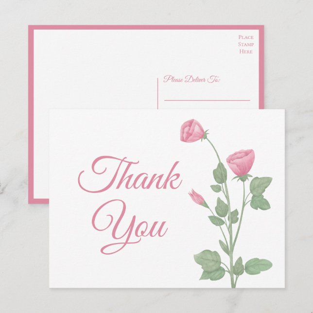 Cartão Postal Elegante Obrigado Watercolor Primavera Pink Floral (Frente/Verso)