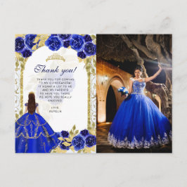Cartão Postal Elegante Orçamento Azul Real Floral Foto Quinceañe