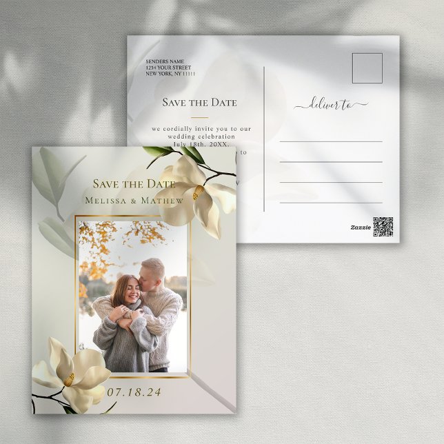 Cartão Postal Elegante Oriental Magnolia Casamento Salve a Data (Elegant Oriental Magnolia Wedding Save the Date Postcard)