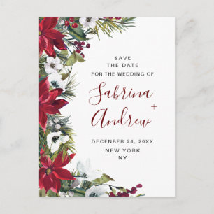 Cartão Postal Elegante Poinsétia Vermelha de Pinheiro Casamento 