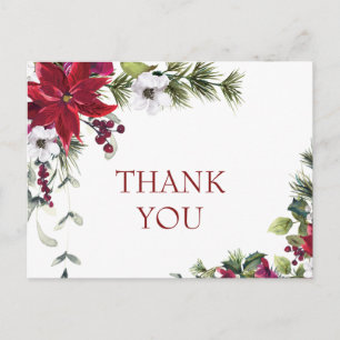 Cartão Postal Elegante Poinsettia Casamento Watercolor Obrigado