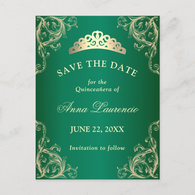 Cartão Postal Elegante Quinceanera Verde Damasco Save The Date (Frente)