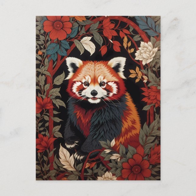 Cartão Postal Elegante Red Panda William Morris Inspirou Floral (Frente)