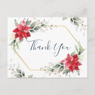 Cartão Postal Elegante Red Poinsettia Winter Greenery Obrigado