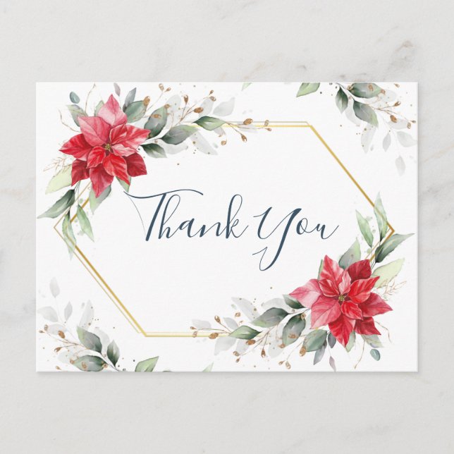 Cartão Postal Elegante Red Poinsettia Winter Greenery Obrigado (Frente)