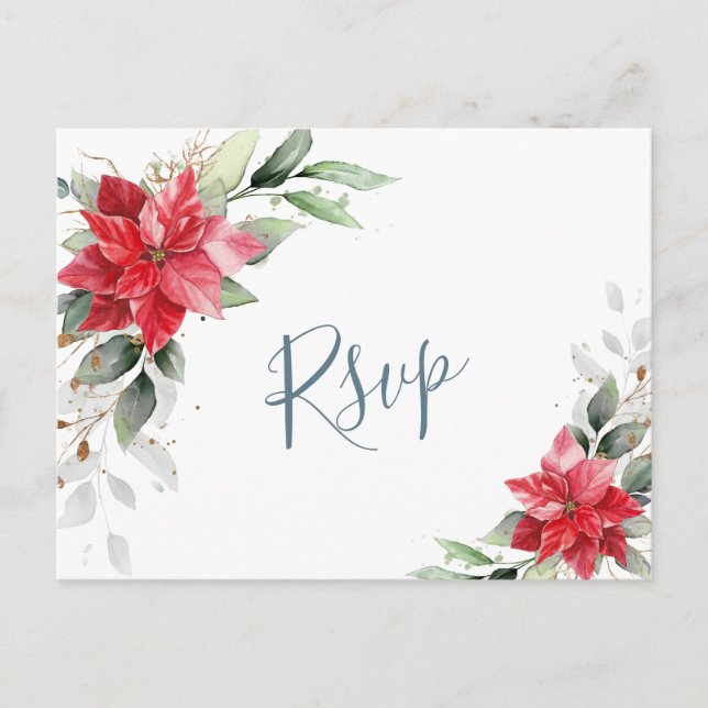 Cartão Postal Elegante Red Poinsettia Winter Greenery RSVP (Frente)