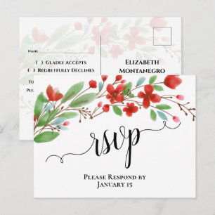Cartão Postal Elegante Red Watercolor Blossoms Wedding RSVP
