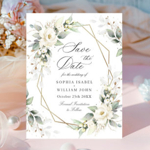 Cartão Postal Elegante Rosa Branca Pastel Casamento Salve a Data