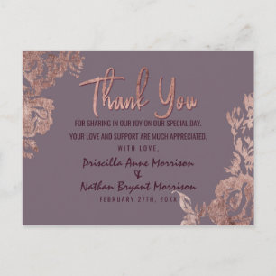 Cartão Postal Elegante Rosa Dourada Floral Purple Mauve Obrigado