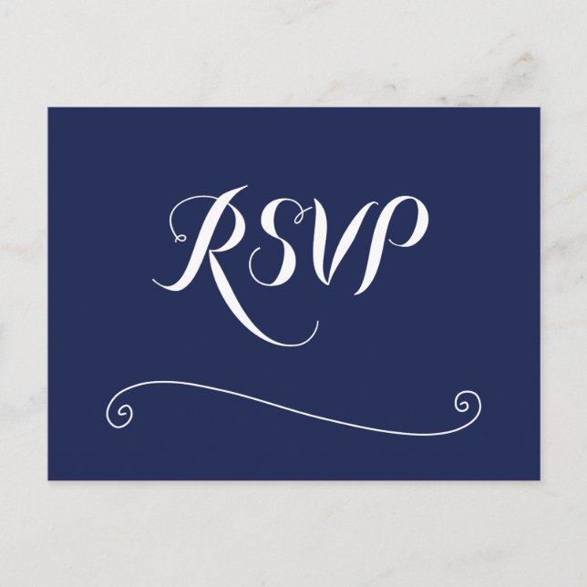 Cartão Postal Elegante RSVP de casamento azul naval e branco (Frente)