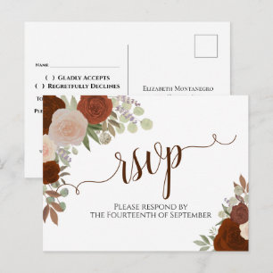 Cartão Postal Elegante Rust Orange Watercolor Rosas Casamento RS
