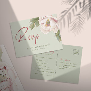 Cartão Postal Elegante Sage e Blush Peony Flower RSVP
