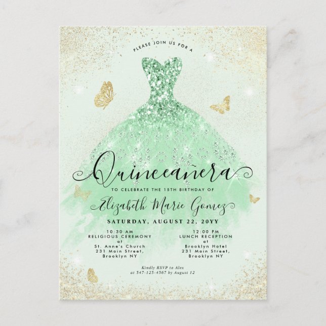 Cartão Postal Elegante Sage Glitter Dourado Verde Quinceanera (Frente)