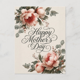 Cartão Postal Elegante Saudações de Dia das Mães com Peônia Vint