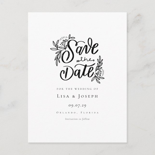 Cartão Postal Elegante Script Preto e Branco Save the Date (Frente)