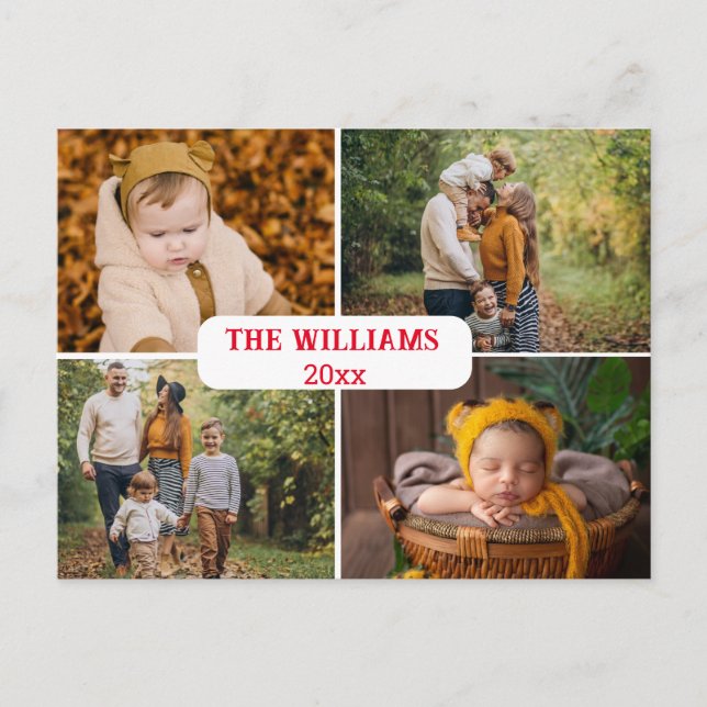 Cartão Postal elegante script vermelho mínimo 4 fotos feriado (Frente)