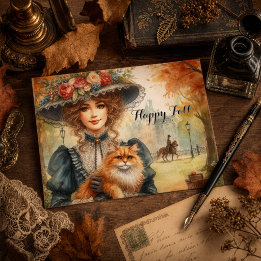 Cartão Postal Elegante Senhora com Feliz Queda de Gato