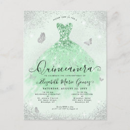 Cartão Postal Elegante Silver Verde Glitter Gown Quinceanera