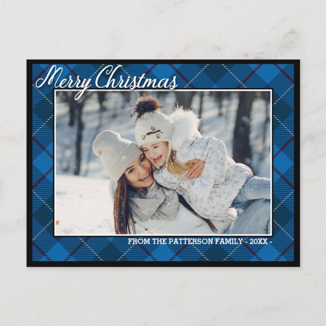 Cartão Postal Elegante Tartan | Feliz Natal - Foto da Família (Frente)