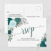 Elegante Teal Watercolor Rosa Wedding RSVP