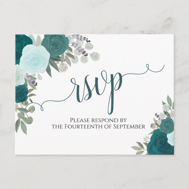 Cartão Postal Elegante Teal Watercolor Rosa Wedding RSVP (Frente)