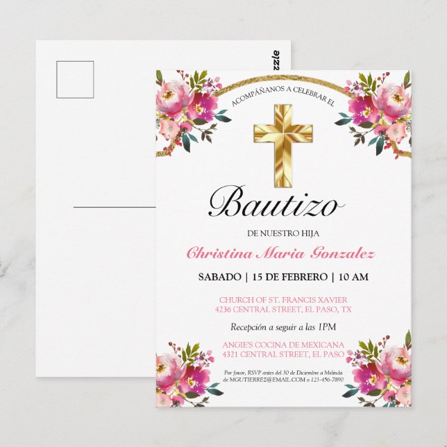 Cartão Postal Elegante Tinta Floral Bautizo Cruz De Oro (Frente/Verso)