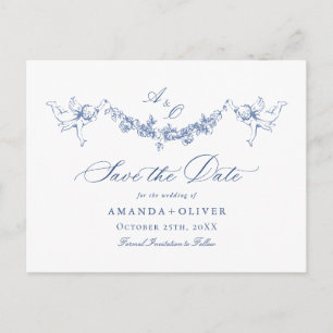 Cartão Postal Elegante Toile de França Azul Casamento Save the D