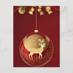 Cartão Postal ✨ Elegante Veado Dourado Natalino Inverno Festivo