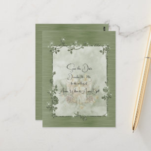 Cartão Postal Elegante Verde Empoeirado Brilhante Save the Date
