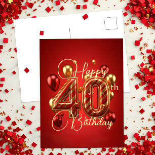 Cartão Postal Elegante Vermelho e Dourado Listrado Aniversário d