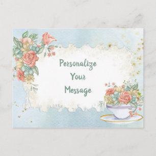 Cartão Postal Elegante Vintage Floral Tea Cup Personalizado