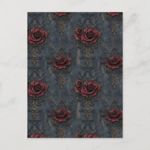 Cartão Postal Elegante Vintage Gothic Patterm com Rosa vermelha