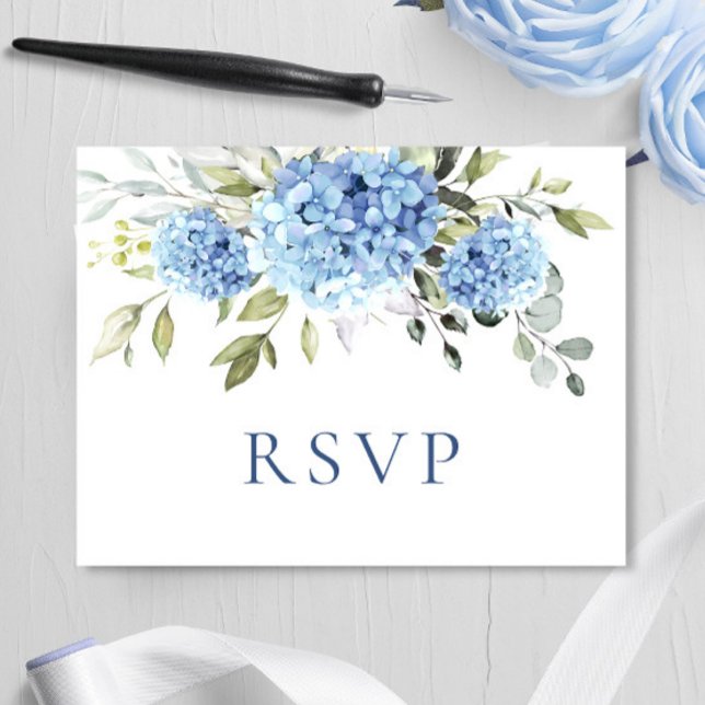 Cartão Postal Elegante Watercolor Blue Hydrangea Wedal RSVP (Criador carregado)