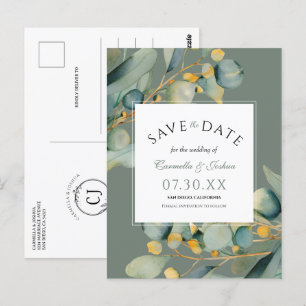 Cartão Postal Elegante Watercolor Eucalyptus Sage Salvar A Data