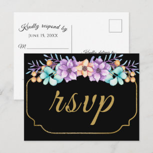 Cartão Postal Elegante Watercolor Floral Black Weding RSVP