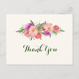 Cartão Postal Elegante Watercolor Floral Obrigado