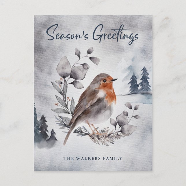 Cartão Postal Elegante Watercolor Winter American Robin Postcard (Frente)