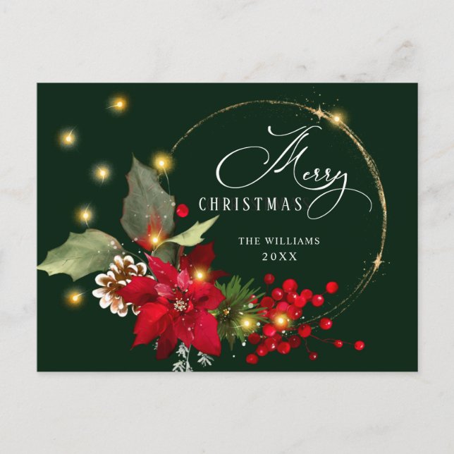 Cartão Postal Elegante Wreath Poinsettia Mistletoe Christmas (Frente)